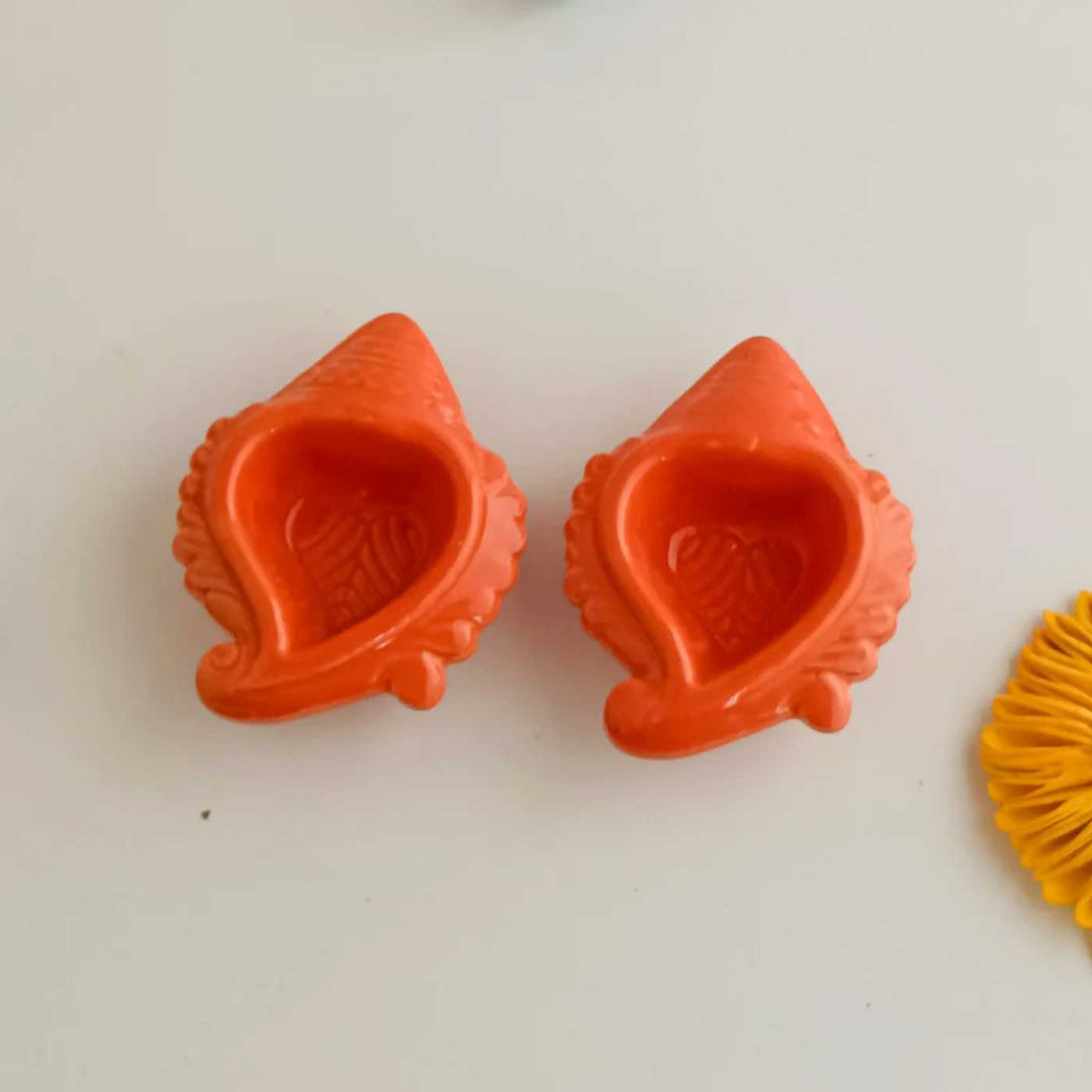 Set of 2 | Handmade Shankh Shape Ceramic Oil Lamp / Diya