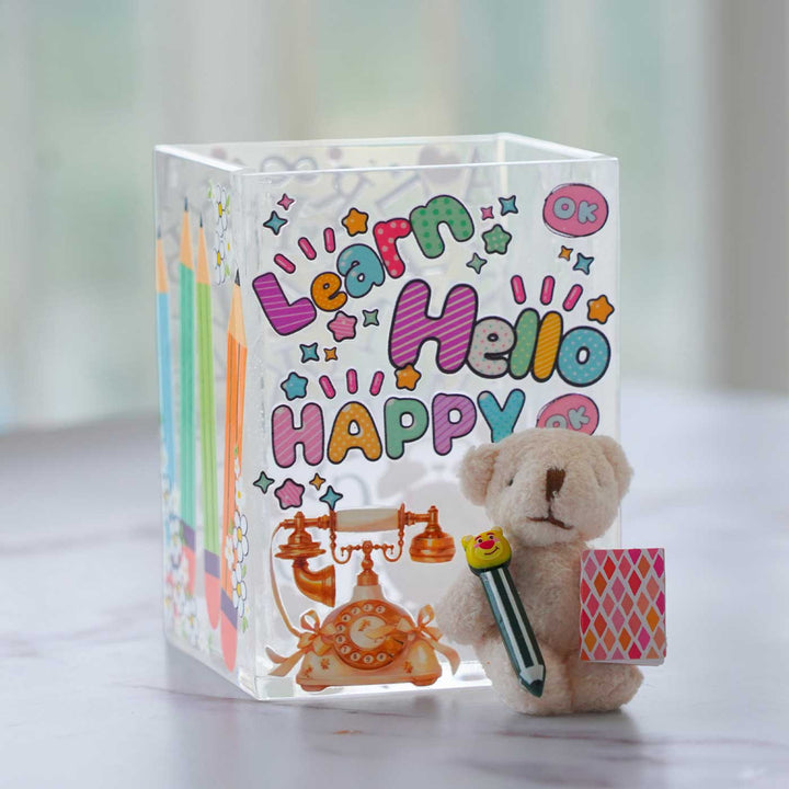 Hand Decorated Multi Theme Acrylic Pen Stand For Kids