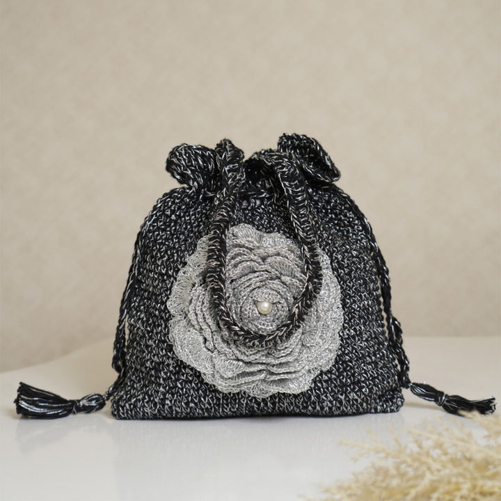 Handmade Crochet Black & Silver Potli