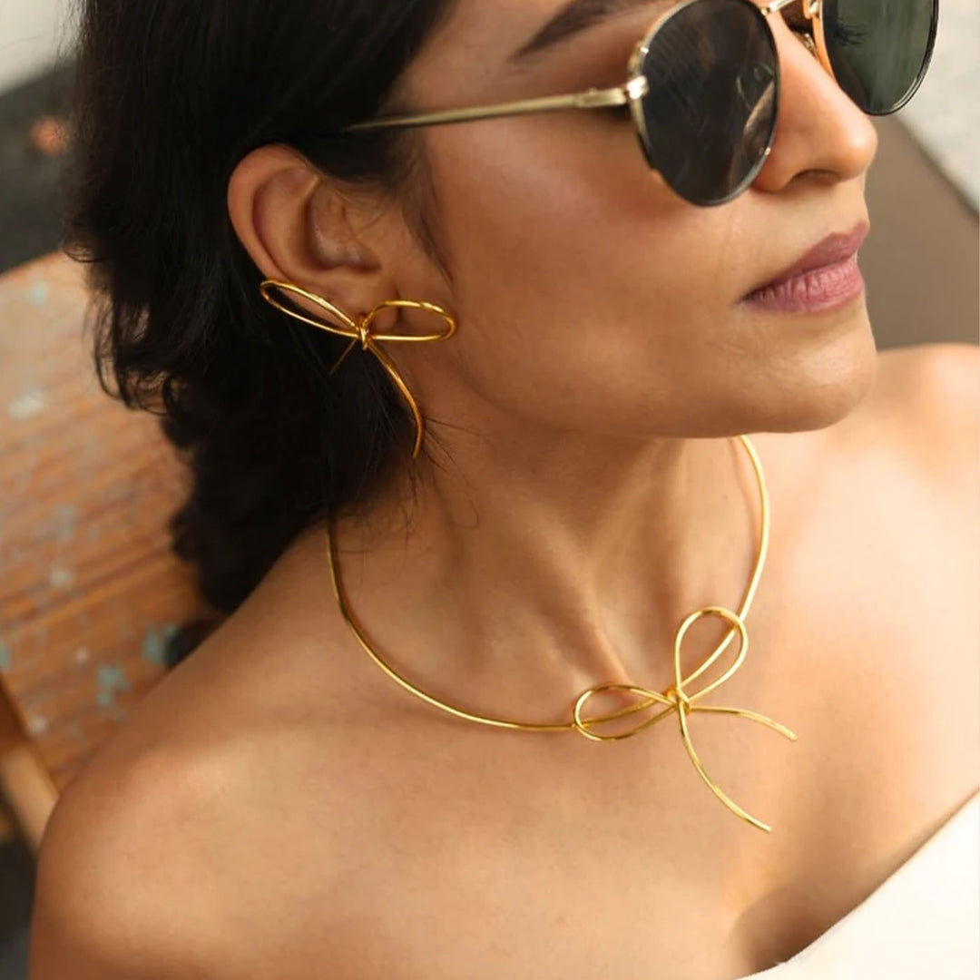 Handmade Bow Bliss 18k Gold Plated Brass Necklace With Earrings | Set Of 3