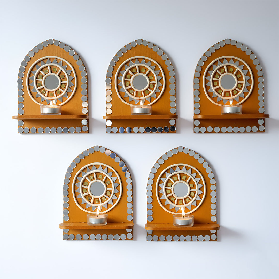 Hand-Painted Mirror Work Sunburst MDF Wood Tealight Holder