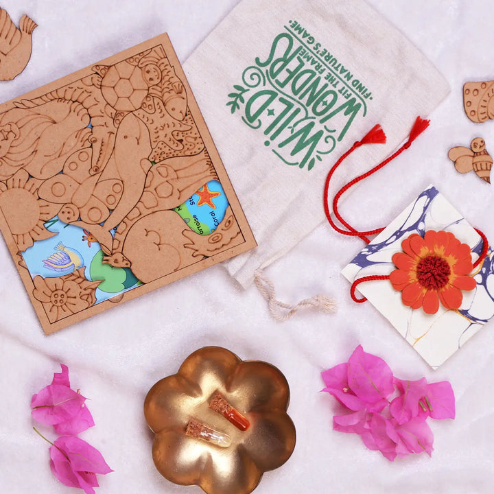 Eco-Friendly Festive Rakhi Hamper | Includes 1 Puzzle, 1 Rakhi, 1 Roli Chawal & 1 Greeting Card