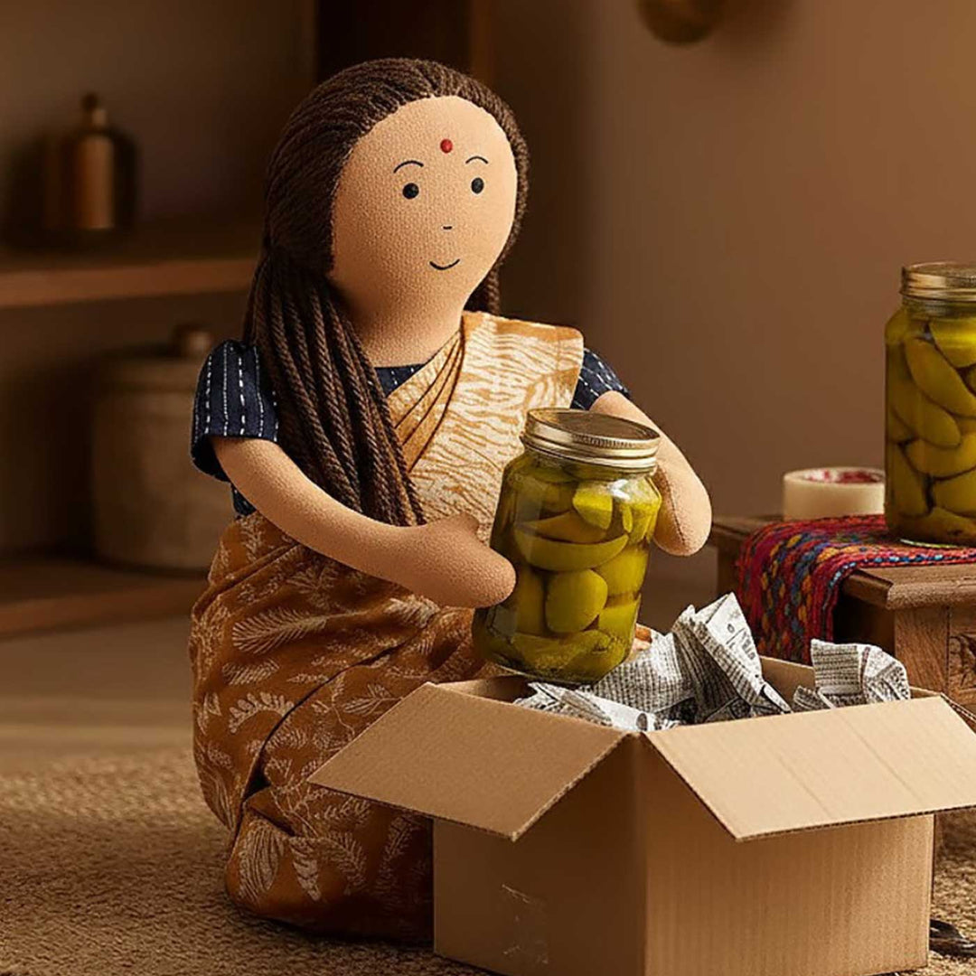 Nilah's Amma (Mother) In Beige Saree | Soft Hand-Stitched Sustainable Indian Play Doll