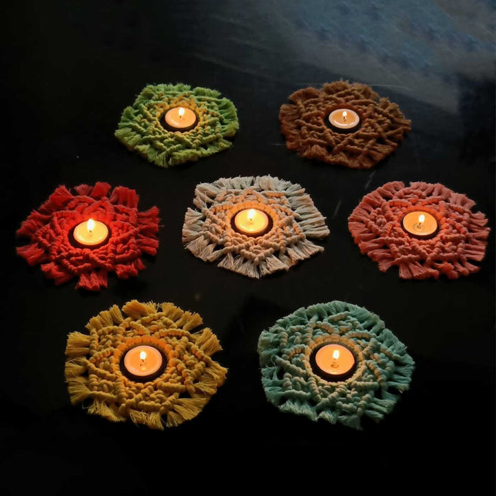 Handmade Macrame Rangoli Design Cotton Tealight Holder | Includes 7 Holders And 10 Tea Light Candles