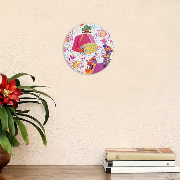Printed Round Rajasthani Dhol Theme MDF Wood Wall Decor