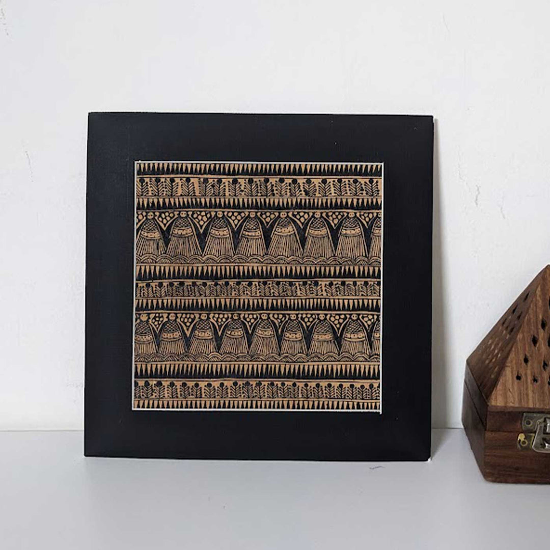 8 x 8 Inch | Black On Tea Treated Paper | Traditional Black & Brown Madhubani Style Drawing With Frame
