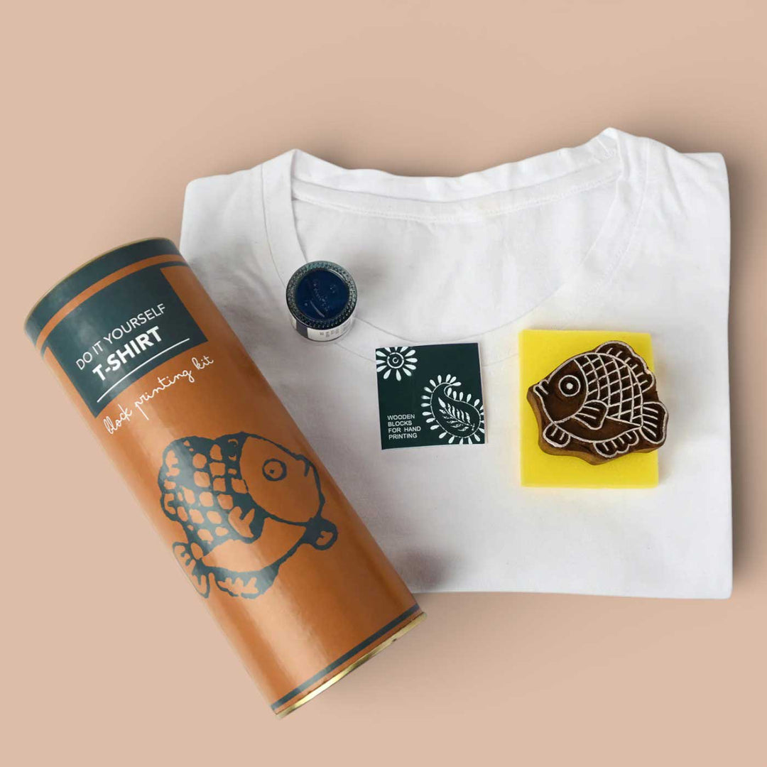Fish Design T-shirt Block Print DIY Kit | 1 White Cotton T-shirt, 1 Fabric Paint And 1 Wooden Block