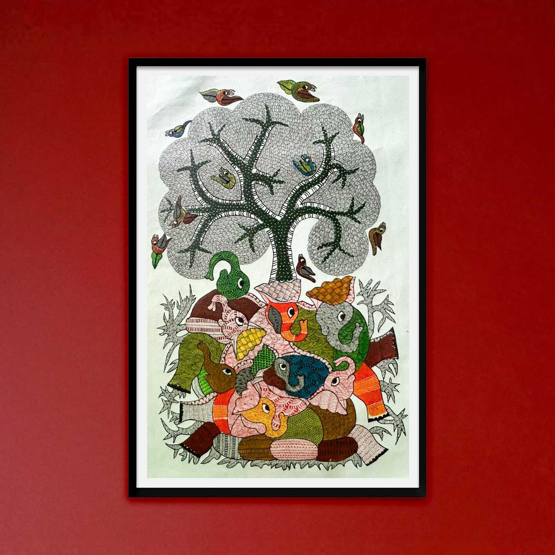 24 x 36 Inch | Tree Of Harmony | Original Hand Painted Tribal Gond Art Painting | Acrylic Paints On Paper
