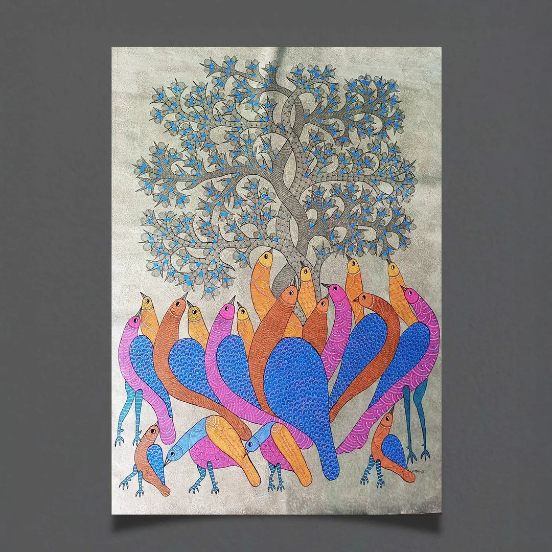 30 x 42 Inch | The Meeting Place | Original Hand Painted Tribal Gond Art Painting | Acrylic Paint On Canvas