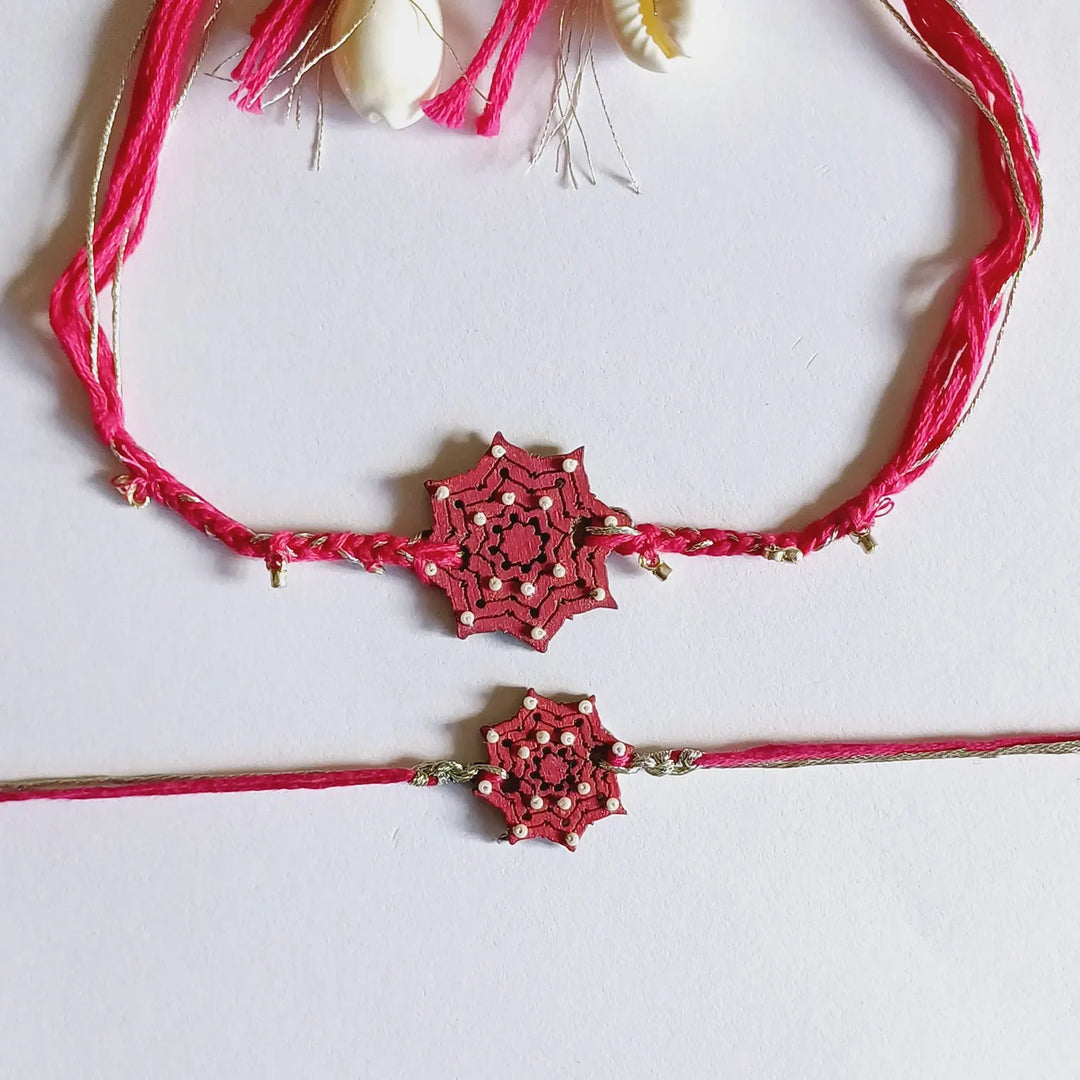 Handmade Reusable Pink Star Shape Ghungroo & Beads Wooden Bhaiya Bhabhi Rakhi With Roli Chawal