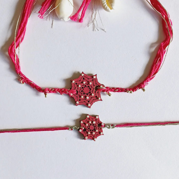 Handmade Reusable Pink Star Shape Ghungroo & Beads Wooden Bhaiya Bhabhi Rakhi With Roli Chawal