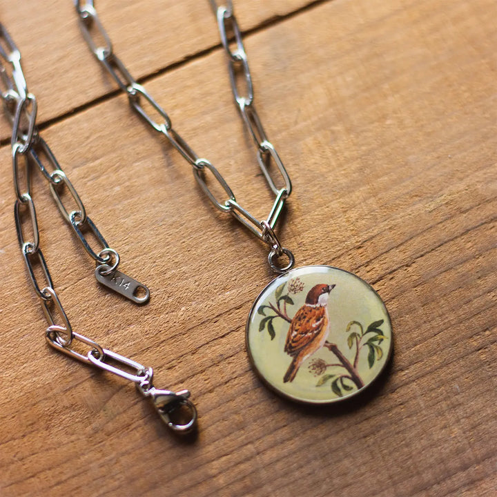 Illustrated Sparrow Theme Resin & Stainless Steel Necklace