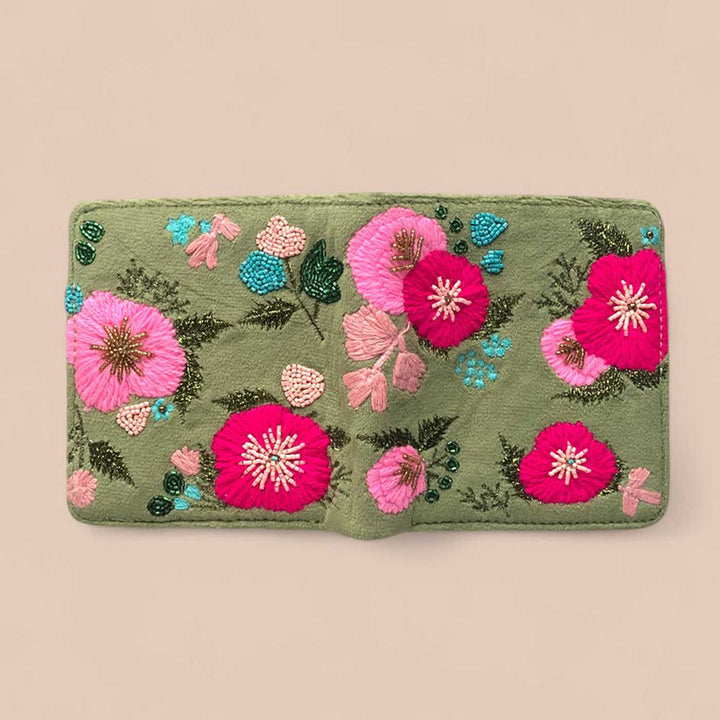 Handmade Embroidered Floral Green Design Velvet Wallet