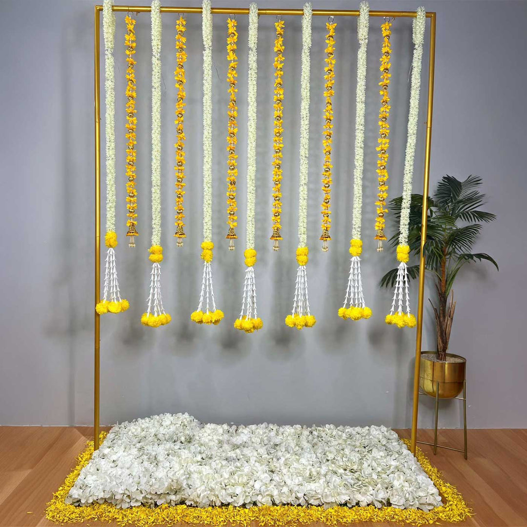 Yellow Tassel & Jasmine-Marigold Garland Backdrop Decor Kit With Stand