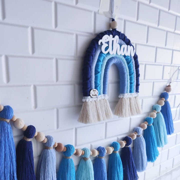 Personalized Handmade Macrame Blue Rainbow & Tassel Garland Combo Kids Name Plate & Bunting Combo With 3D Letters