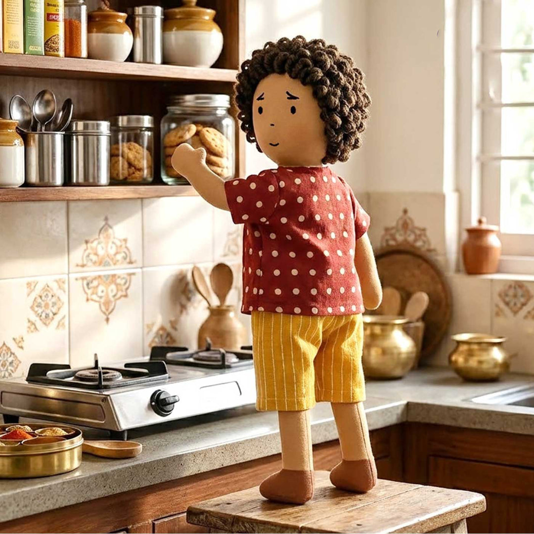 Nilah's (Younger Brother) Raagu In Red Shirt & Yellow Pant | Soft Hand-Stitched Sustainable Indian Play Doll