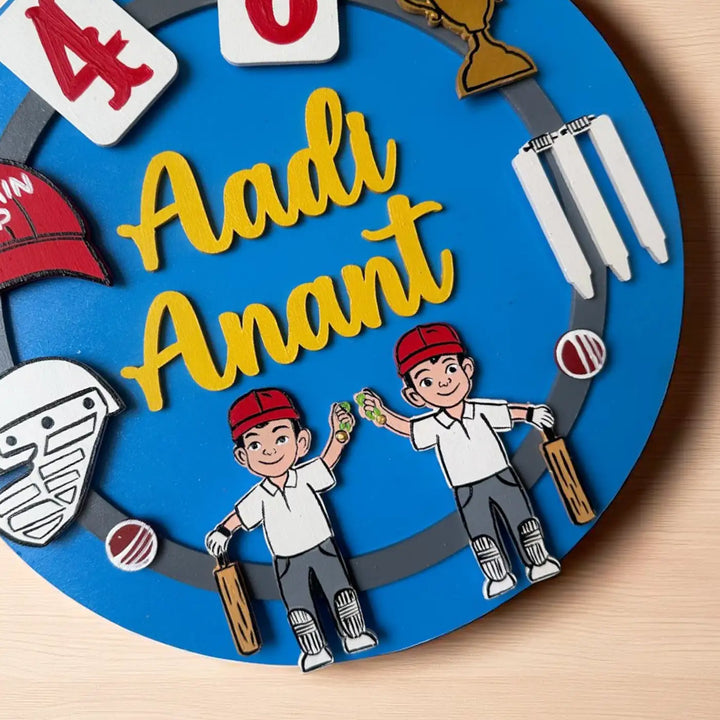 Personalized Cricket Theme MDF Wood Kids Name Plate For Siblings