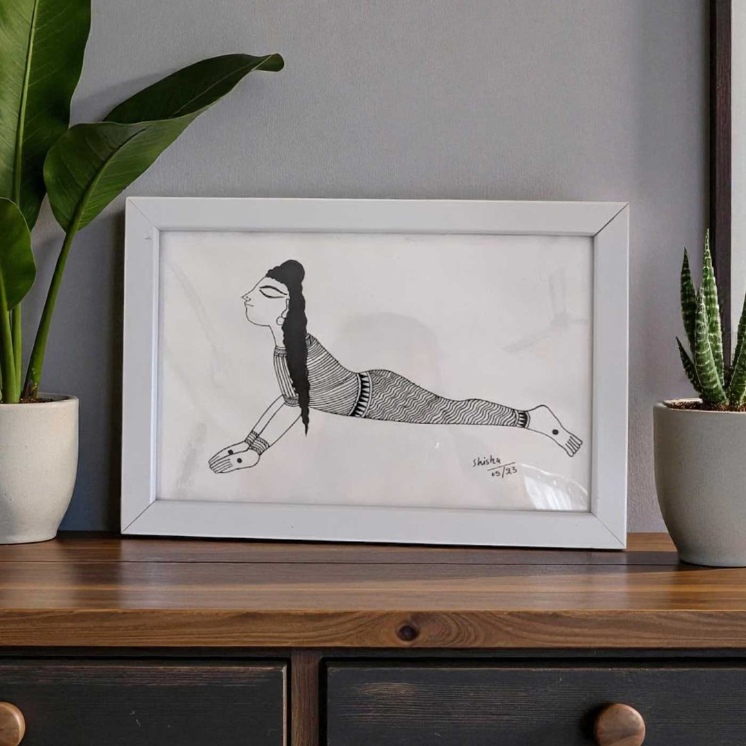 6 x 9 Inch | Bhujangansan Cobra Yoga Pose | Minimalist Black & White Mudhubani Style Line Drawing With Frame