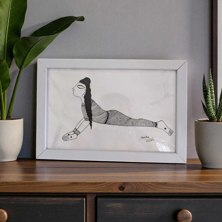 6 x 9 Inch | Bhujangansan Cobra Yoga Pose | Minimalist Black & White Mudhubani Style Line Drawing With Frame