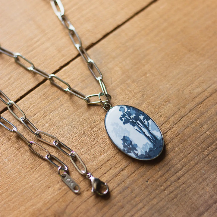 Illustrated Vintage Forest Design Resin & Stainless Steel Necklace