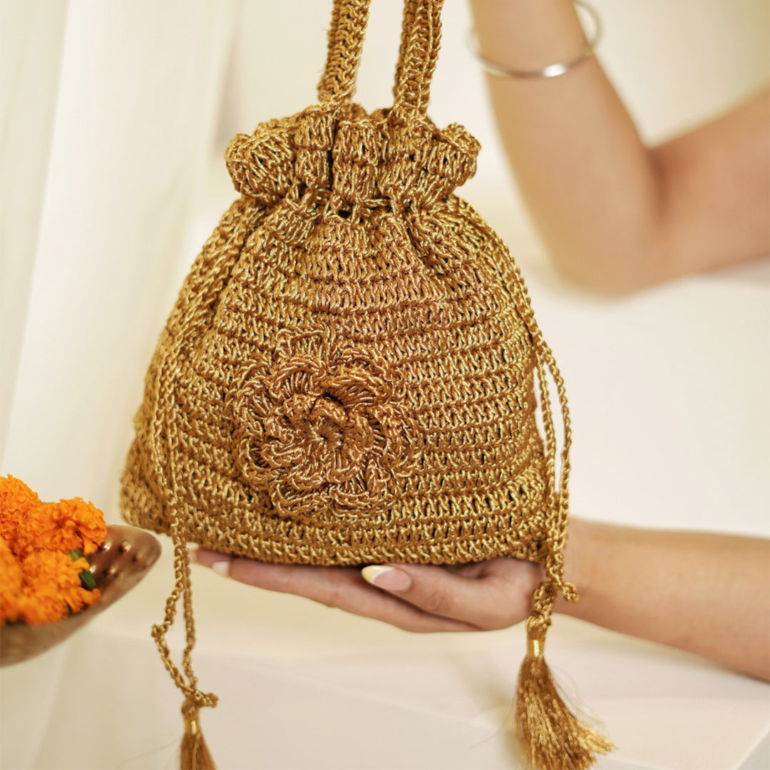 Handmade Crochet Golden Marigold Potli