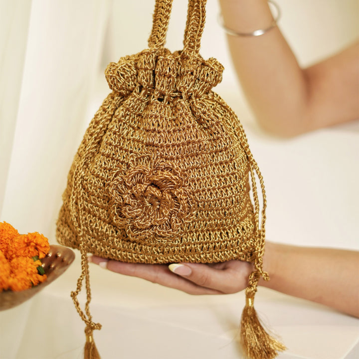 Handmade Crochet Golden Marigold Potli