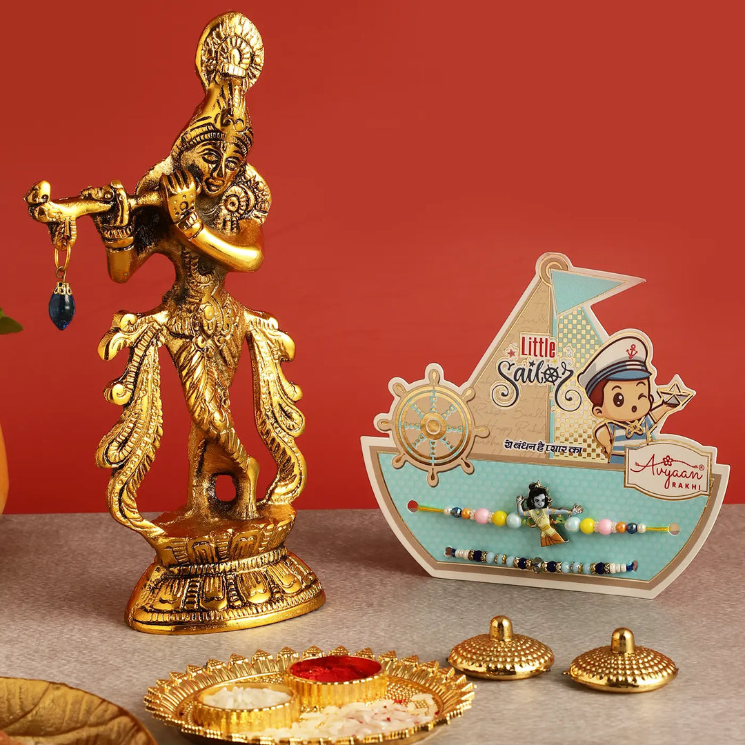 Handmade Krishna Rakhi Hamper | Includes 1 Krishna With Flute Idol, 2 Rakhis, 1 Roli Chawal