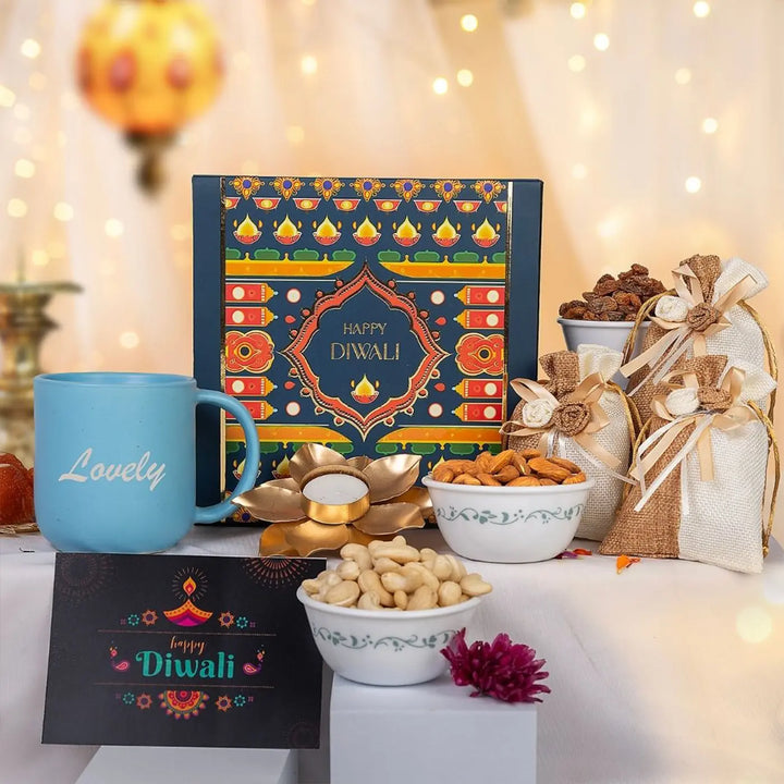 Personalized Diwali Gift Hamper | Includes 1 Ceramic Mug, 3 Dry Fruit Potlis, 1 Golden Diya, 1 Greeting Card
