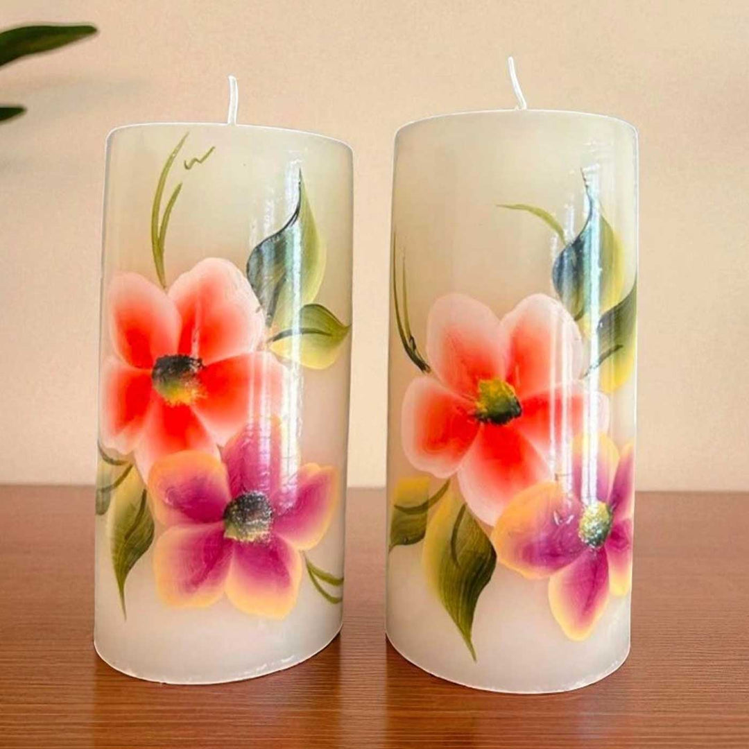 Hand-Painted Orange & Purple Flowers Circular Paraffin Scented Candle | Set Of 2