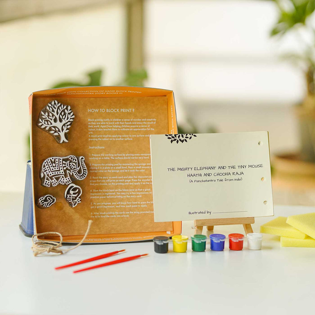 The Mighty Elephant And The Tiny Mouse Panchatantra Block Printing DIY Kit | 5 Stamps, Poster Colours, Painting Brush, Printing Pads, Story Cards  And Jute String
