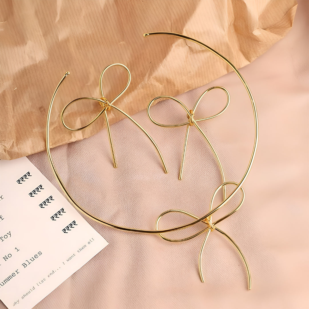 Handmade Bow Bliss 18k Gold Plated Brass Necklace With Earrings | Set Of 3
