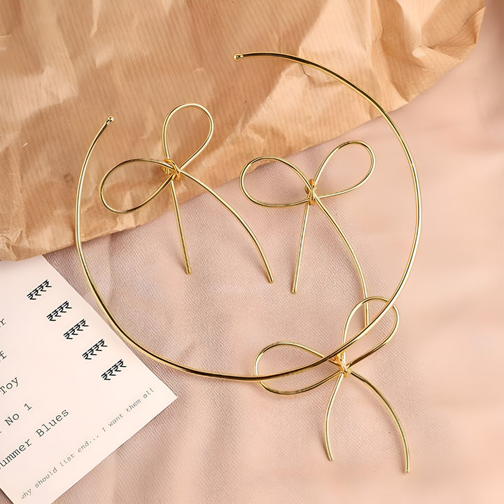 Handmade Bow Bliss 18k Gold Plated Brass Necklace With Earrings | Set Of 3