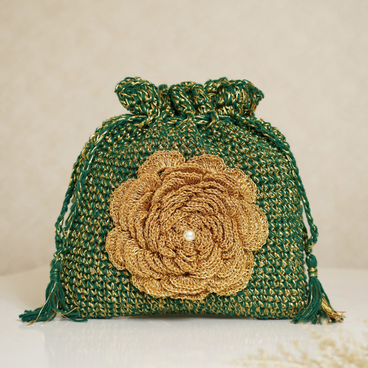 Handmade Crochet Emerald & Golden Potli