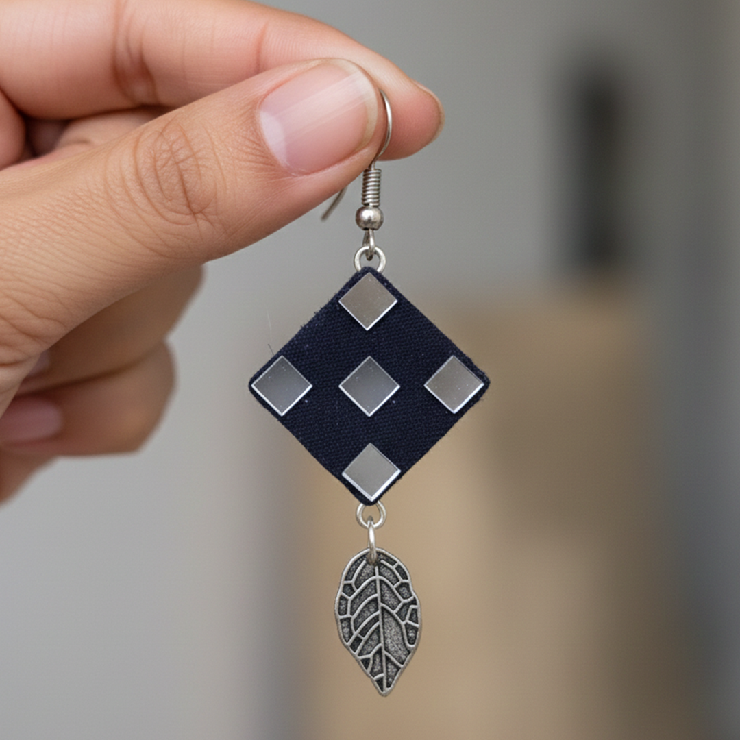 Handmade Mirror Work Leaf Motif Drop Earrings