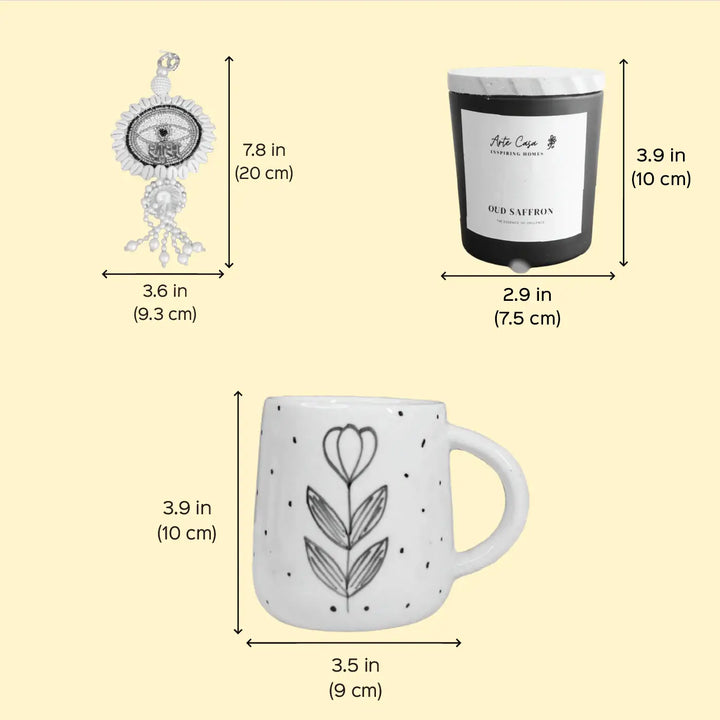 Sips & Sparks Diwali Gift Hamper | Includes 2 Coffee Mugs, 2 Hangings, 2 Candles, 1 Diwali Card, 1 Gift Box
