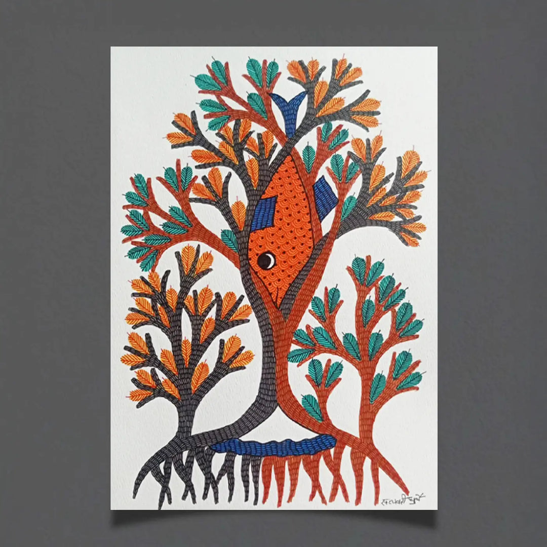 11 x 16 Inch | Fish Among Trees | Original Hand Painted Tribal Gond Art Painting | Acrylic Paint On Paper