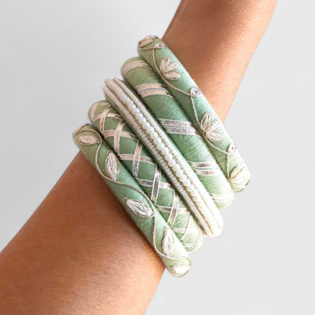 Pastel Green Handcrafted Silver Gotta Patti Bangles | Set of 5