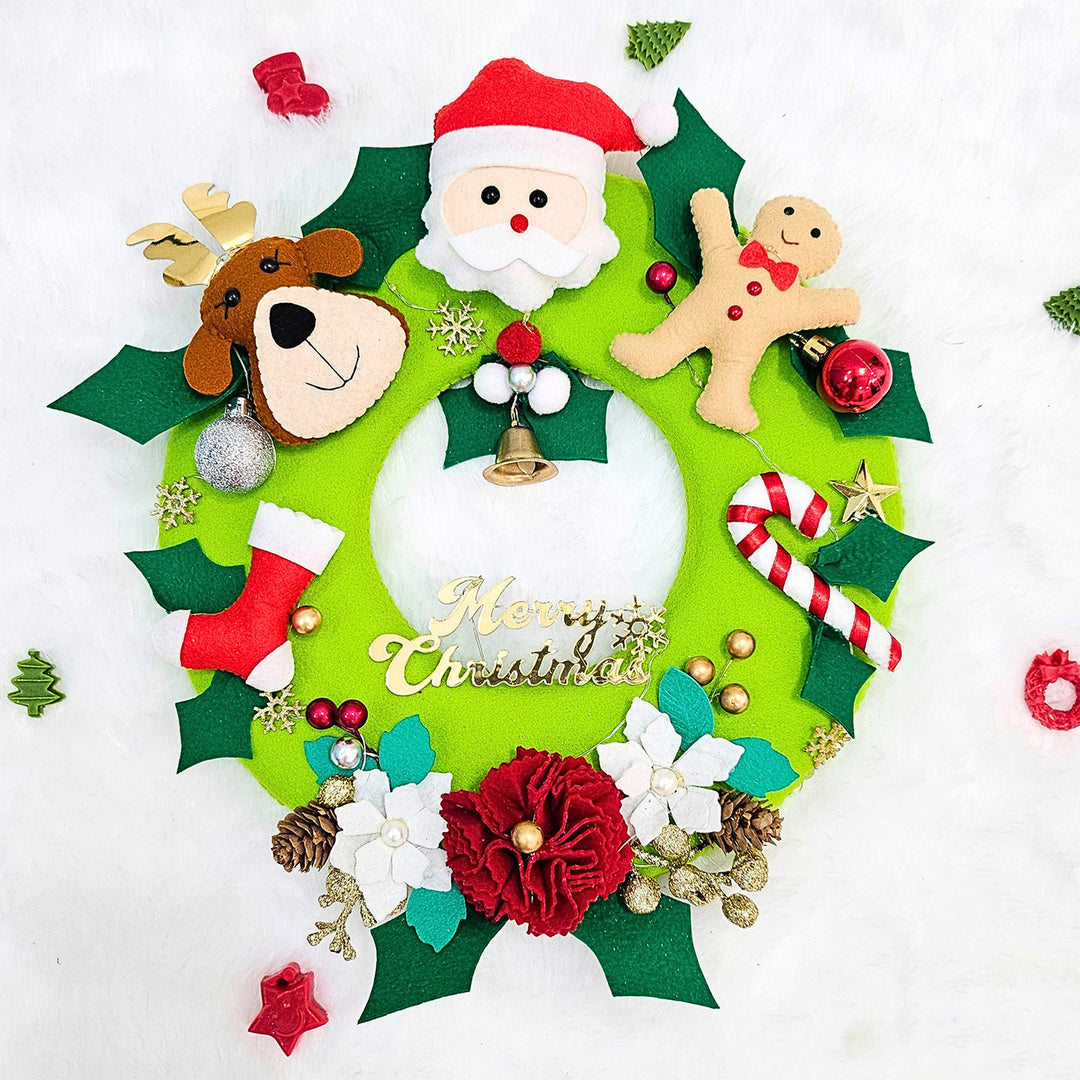 Santa, Reindeer & Gingerbread Felt LED Wreath For Christmas Decoration
