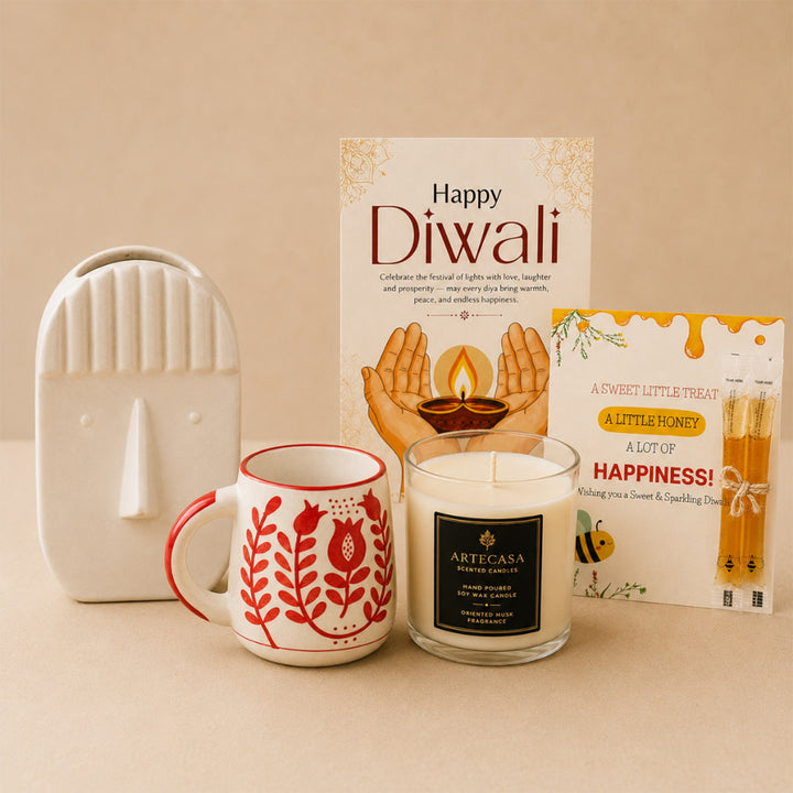 Diwali Charm & Glow Gift Hamper With Face Vase, Candle And Diwali Mug For Festive Gifting
