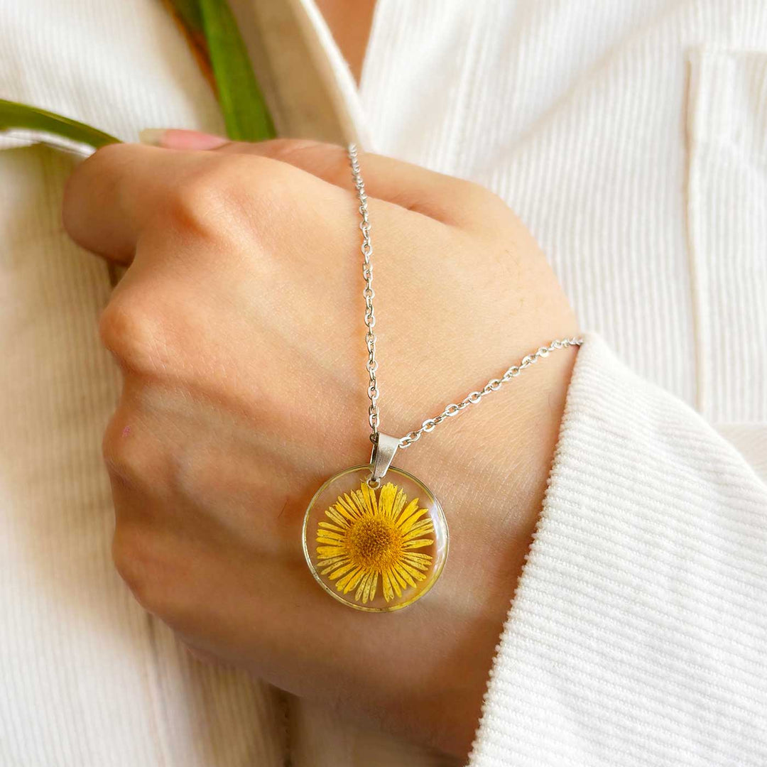 Yellow Sunshine Preserved Flower Stainless Steel Necklace