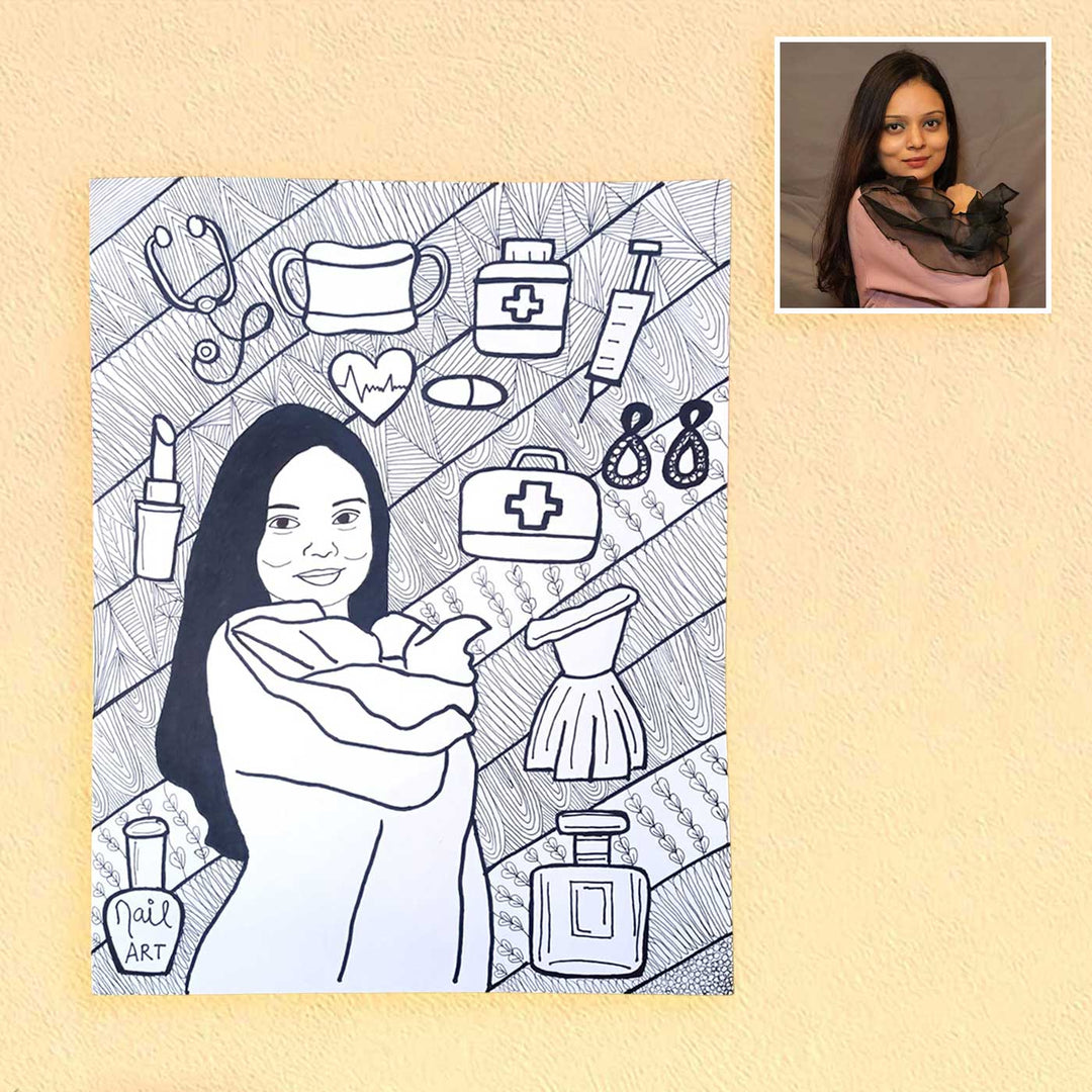 Photo Personalized Doodle Art Single Character Black & White Decorative Plaque