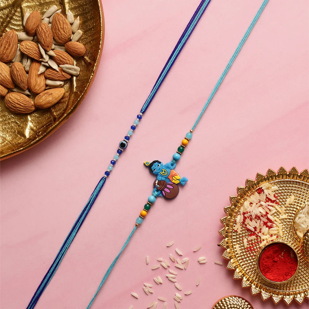 Handmade Krishna & Evil Eye Kids Rakhi With Roli Chawal | Set Of 2