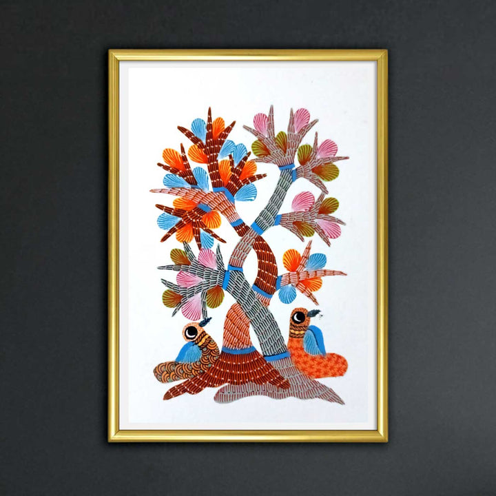 6 x 8 Inch | Bird & Tree | Original Hand painted Tribal Gond Art Painting | Acrylic Paints On Paper
