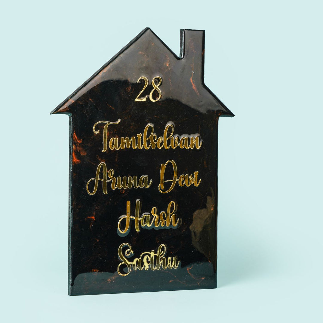 Handmade Resin Black & Gold House Shaped Marbled Name Plate