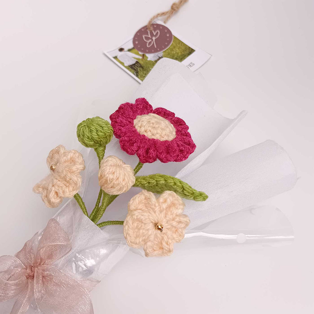 Handmade Crochet Burgundy & Cream Mini Flower Bouquet | Includes Photo & Greeting Card