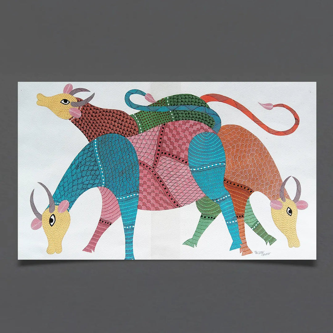 15 x 22 Inch | Group of Cows | Original Hand Painted Tribal Gond Art Painting | Acrylic Paints On Paper