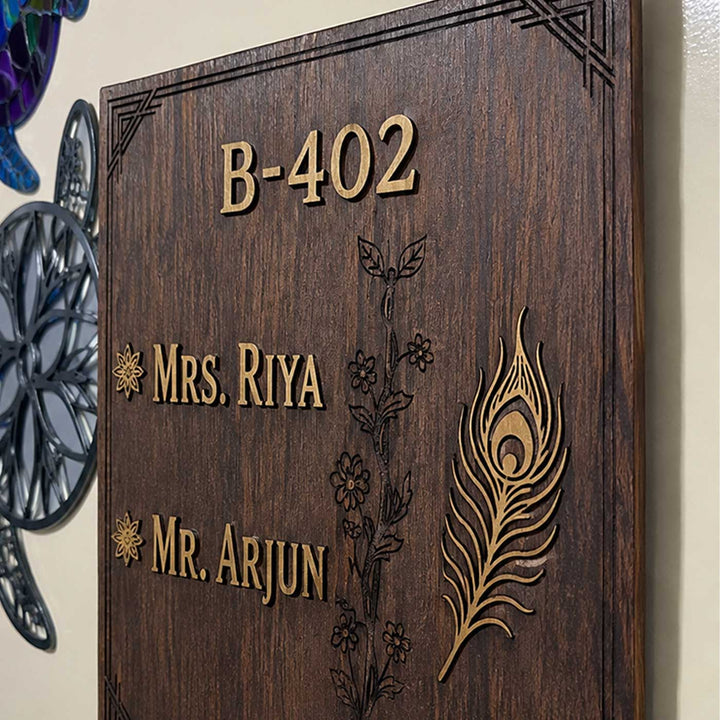 Vine And Peacock Feather Personalized Handcrafted Wooden Name Plate With Laser Cut Golden Metallic Lettering For Home