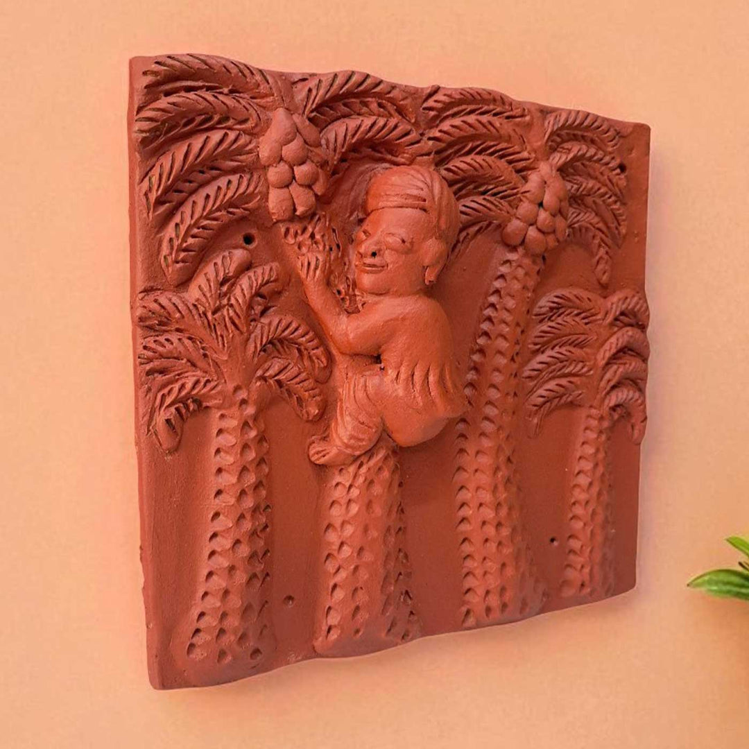 9 x 9 Inch | Coconut Vendon In Tree | 3D Handmade Terracotta Molela Mural Wall Art Tile