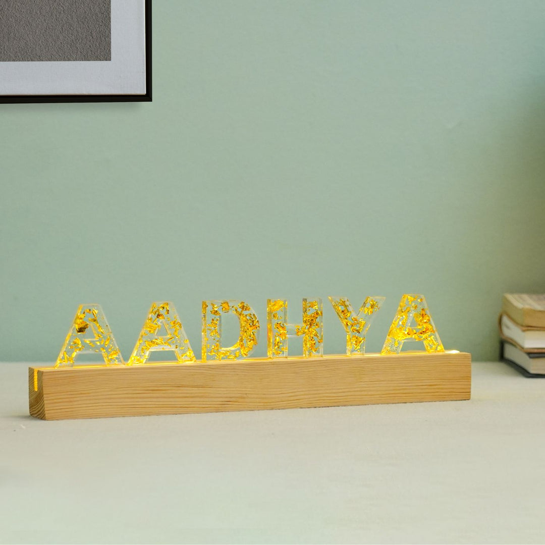 Handmade Resin White & Gold Tabletop Name Plate with LED Lights