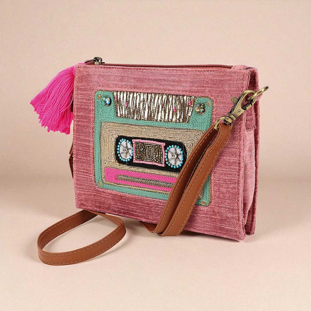 Handmade Embroidered Cassatte Design Pink Velvet Sling Bag